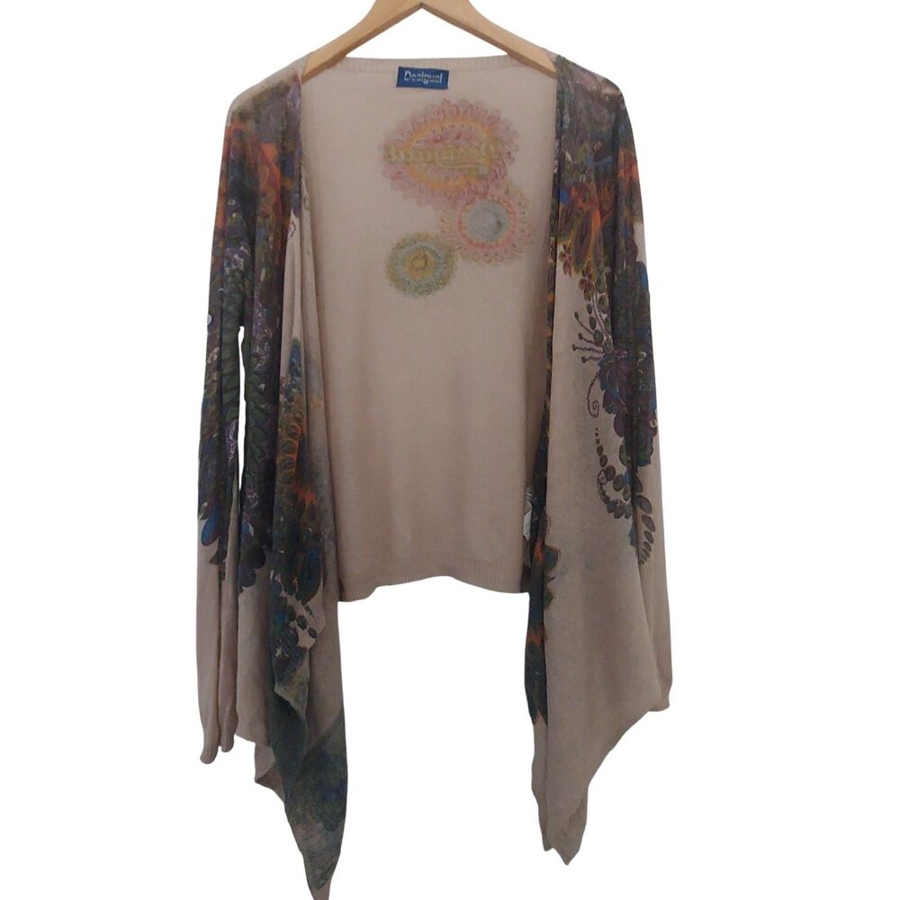 Desigual M L Open Front Peacock Print Tan Waterfall Cardigan Lightweight FLAWS*